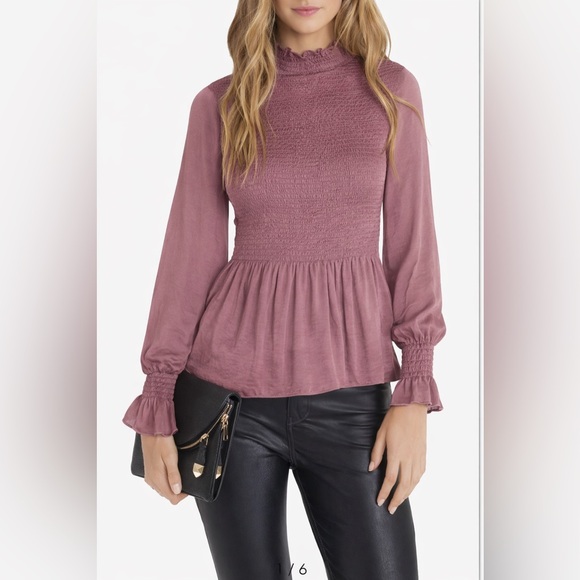 Vici Tops - VICI Smocked Satin Peplum Blouse Mauve Long Sleeve Ruffle Neck Size Medium